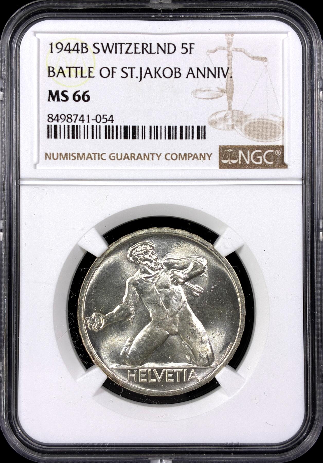 【雨安】【直播拍卖】【第0129期-评级币章】2026-03-21 周六 19:30 (金价1115, 银价20.09) [评级欧洲] Switzerland 瑞士 5法郎 1944年 圣雅各布比尔斯战役 KM# 45  NGC-MS66