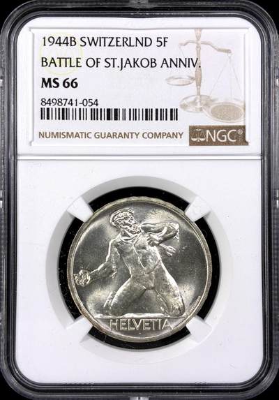 【雨安】【直播拍卖】【第0129期-评级币章】2026-03-21 周六 19:30 (金价1115, 银价20.09) - [评级欧洲] Switzerland 瑞士 5法郎 1944年 圣雅各布比尔斯战役 KM# 45  NGC-MS66
