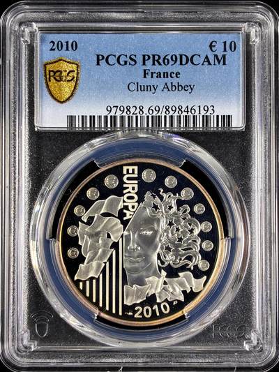 【雨安】【直播拍卖】【第0129期-评级币章】2026-03-21 周六 19:30 (金价1115, 银价20.09) - [评级欧元] France 欧元 法国 10欧元 2010年 克吕尼修道院 Cluny Abbey PCGS-PR69DCAM 精制币