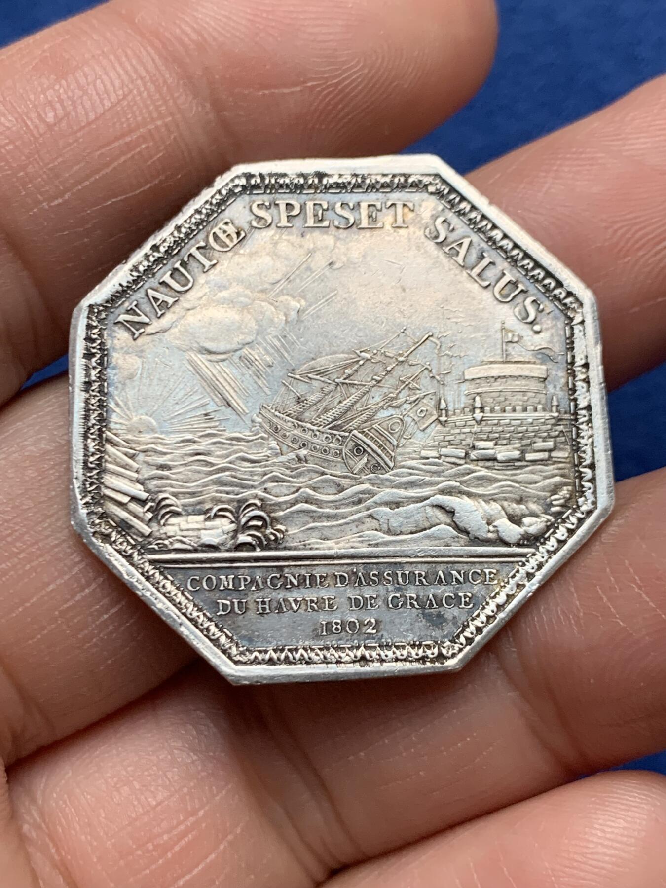 《竞宝斋》第472场 周日，周一，周二 3场连拍 （全场包邮）欢迎送拍 法国八角银质代币，勒阿弗尔海上保险公司，15.04g，33.1mm，早期无边铭