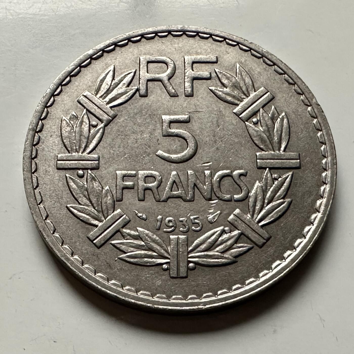 🌹外币初藏🌹🐯2026年第30场   每周二四六晚8️⃣点 接代拍 法国1935年 5法郎 镍币版 a