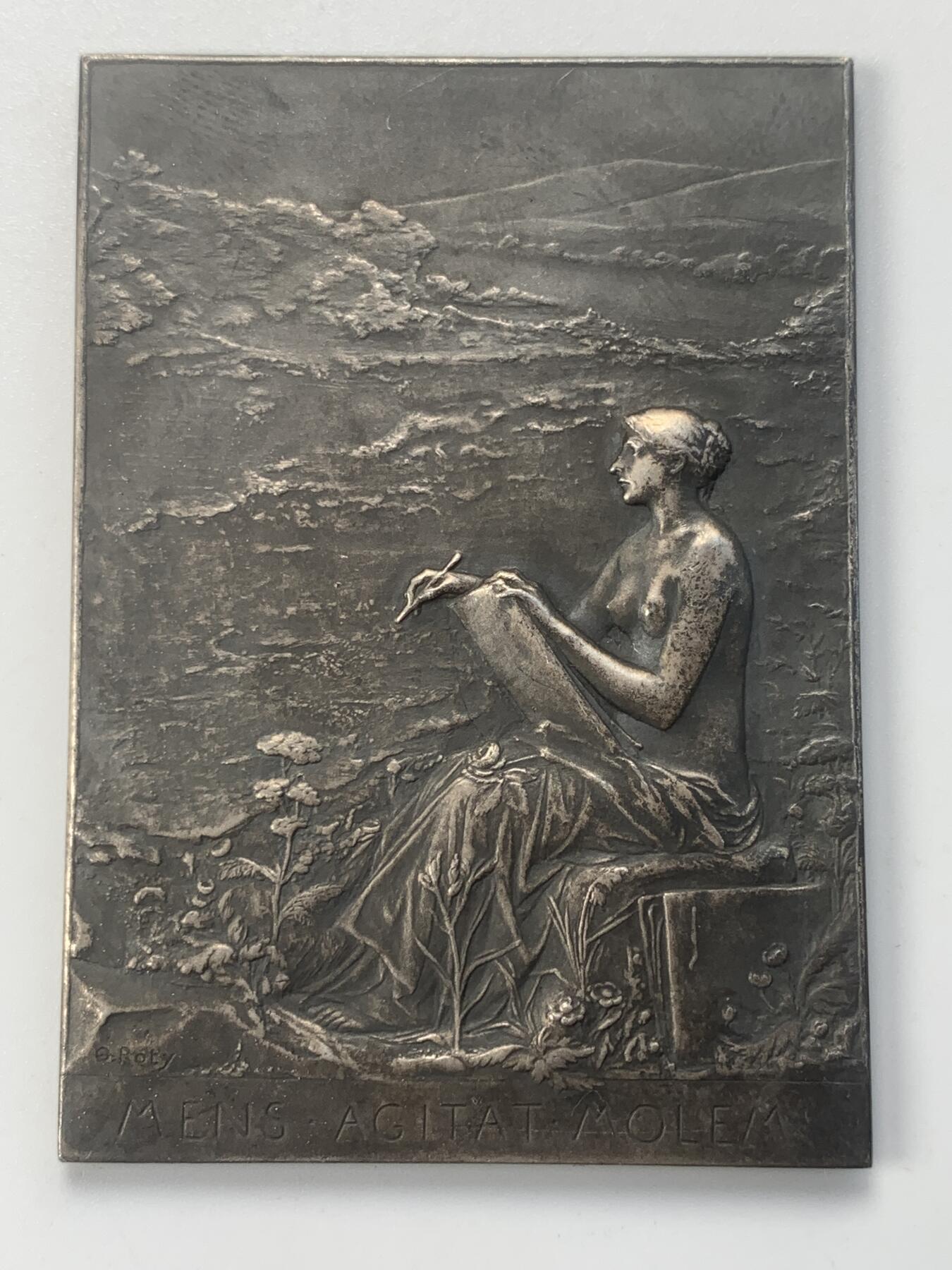 掌中浮雕-藏着的欧洲第055场 1880年法国装饰艺术联盟镀银铜章  ，67 X 47mm，章牌大师奥斯卡.罗蒂Oscar Roty（1846-1911）作品