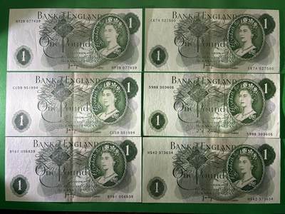 咖啡豆•收藏 2026年Mar_24th世界各国纸币拍卖 - 6枚 英国 1英镑 美品XF-AU 外国 欧洲纸币