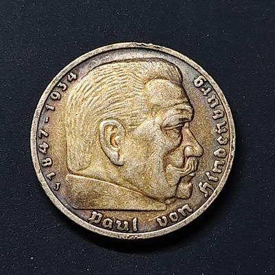 【全场包邮】纯粹捡漏拍513场 - 德国第三帝国第三帝国1936年兴登堡J厂5马克银币【29毫米13.88克90%】