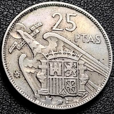 泉币菌-第212场-拍品多 请提前出价（工作最近较忙 发货不及时，望理解） - 西班牙1957年25比萨塔 卡洛斯一世 铜镍币 26.5mm 