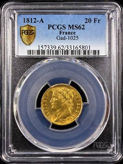 【雨安】【直播拍卖】【第0129期-评级币章】2026-03-21 周六 19:30 (金价1115, 银价20.09) - [评级金铂] France [金币] 法国 20法郎 KM#0695 (1809-1814) 拿破仑一世 1812年  PCGS-MS62