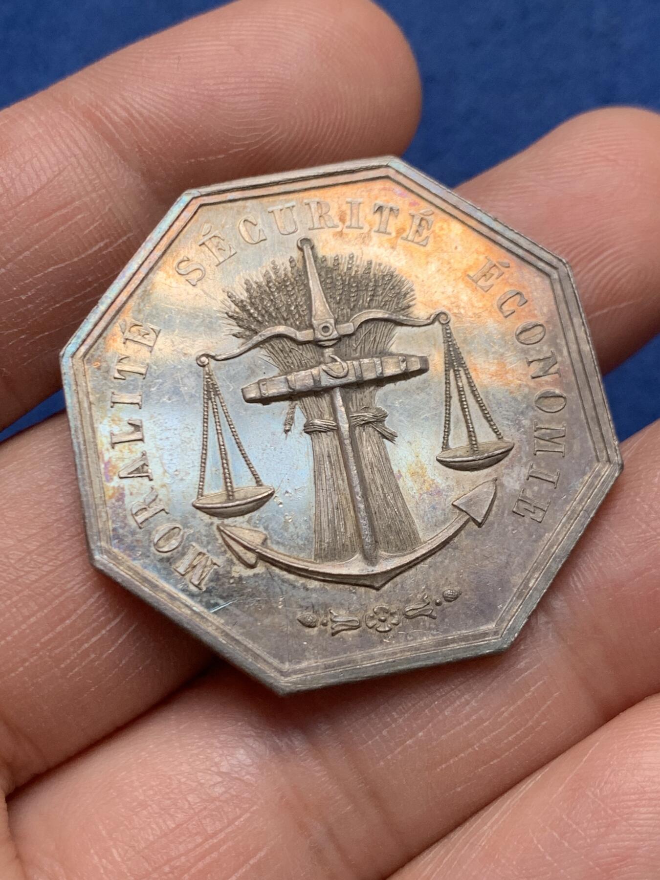 《竞宝斋》第472场 周日，周一，周二 3场连拍 （全场包邮）欢迎送拍 法国八角银质代币，波尔多火灾保险公司，19.25g，35mm，手指边铭