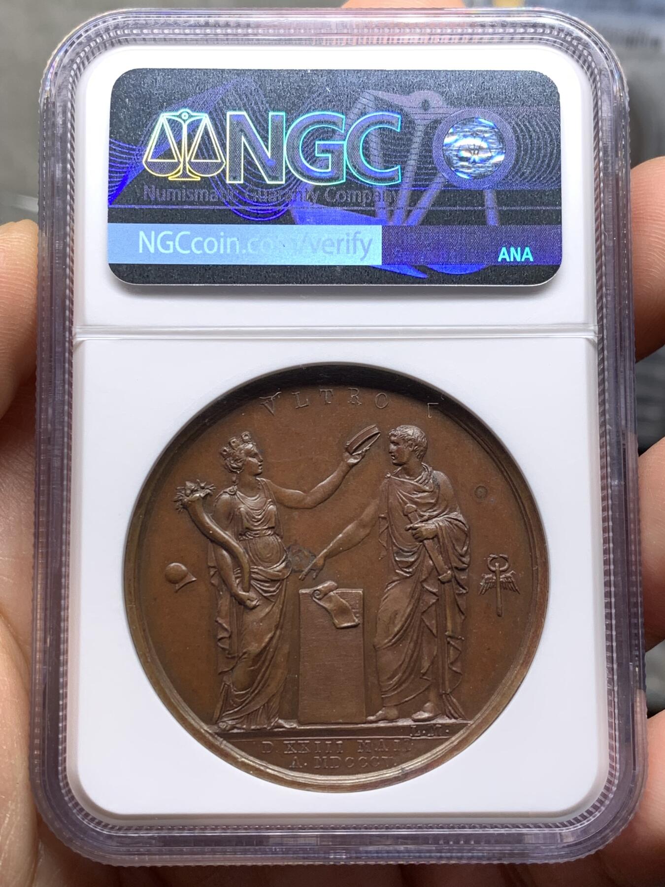 《竞宝斋》第472场 周日，周一，周二 3场连拍 （全场包邮）欢迎送拍 NGC MS63BN 1805法国拿破仑米兰加冕典礼纪念铜章 超高分 加厚盒