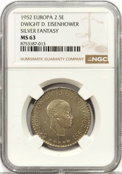 博洋堂世界钱币拍卖第165期（全场包邮） - NGC MS63 欧共体1952年艾森豪威尔2.5欧元银币，稀少的臆造品种，发行量很少。