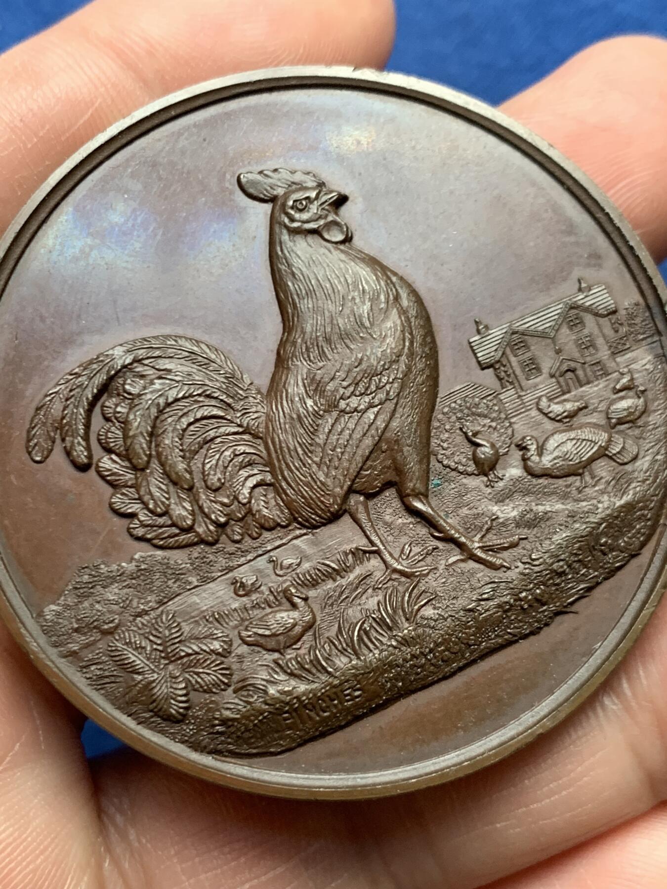 《竞宝斋》第472场 周日，周一，周二 3场连拍 （全场包邮）欢迎送拍 英国伦敦阿纳利家禽展铜章，68.7g，50.5mm