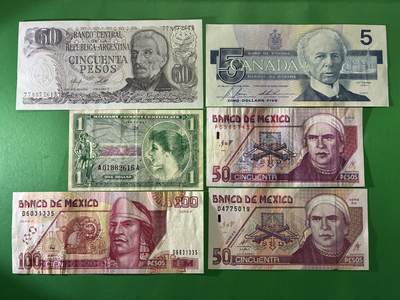 咖啡豆•收藏 2026年Mar_24th世界各国纸币拍卖 - 6枚 美国/加拿大/墨西哥/阿根廷 品相如图 外国 美洲纸币