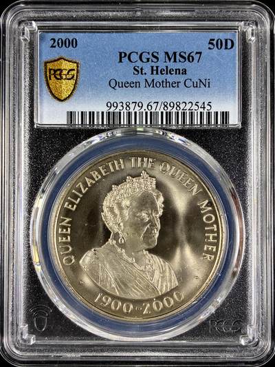 【雨安】【直播拍卖】【第0129期-评级币章】2026-03-21 周六 19:30 (金价1115, 银价20.09) - [评级现代] St. Helena 圣赫勒拿岛 50便士 2000年 王太后  PCGS-MS67