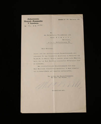 戎马世界章牌大赏第112期 德专场 - 第十集团军总司令部对威廉沙克的提议的婉拒信  陆军中将朱利乌斯·冯·罗戈夫斯基亲笔签名