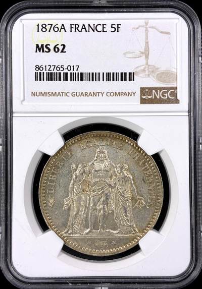 【雨安】【直播拍卖】【第0129期-评级币章】2026-03-21 周六 19:30 (金价1115, 银价20.09) - [评级法国] France 法国 5法郎 KM#0820 (1870-1889) 大力神 1876年  NGC-MS62