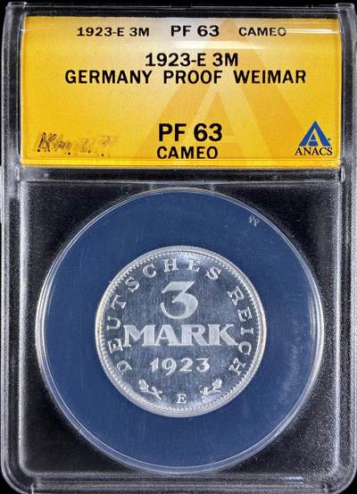 【雨安】【直播拍卖】【第0129期-评级币章】2026-03-21 周六 19:30 (金价1115, 银价20.09) - [评级德国] Germany 德国 魏玛 3马克 1923年 ANACS-PF63CAMEO