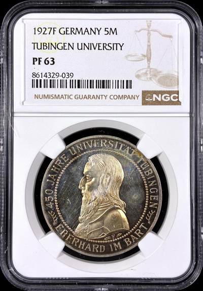 【雨安】【直播拍卖】【第0129期-评级币章】2026-03-21 周六 19:30 (金价1115, 银价20.09) - [评级德国] Germany 德国 魏玛 5马克 KM#55 图宾根大学 1927年 NGC-PF63 精制币