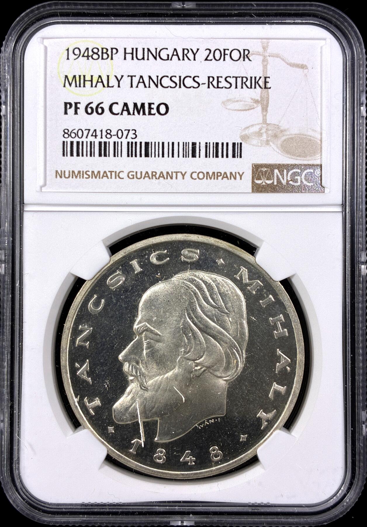 【雨安】【直播拍卖】【第0129期-评级币章】2026-03-21 周六 19:30 (金价1115, 银价20.09) [评级欧洲] Hungary 匈牙利 20福林 1948年 作家米哈伊·坦奇奇 NGC-PF66Cameo 精制币