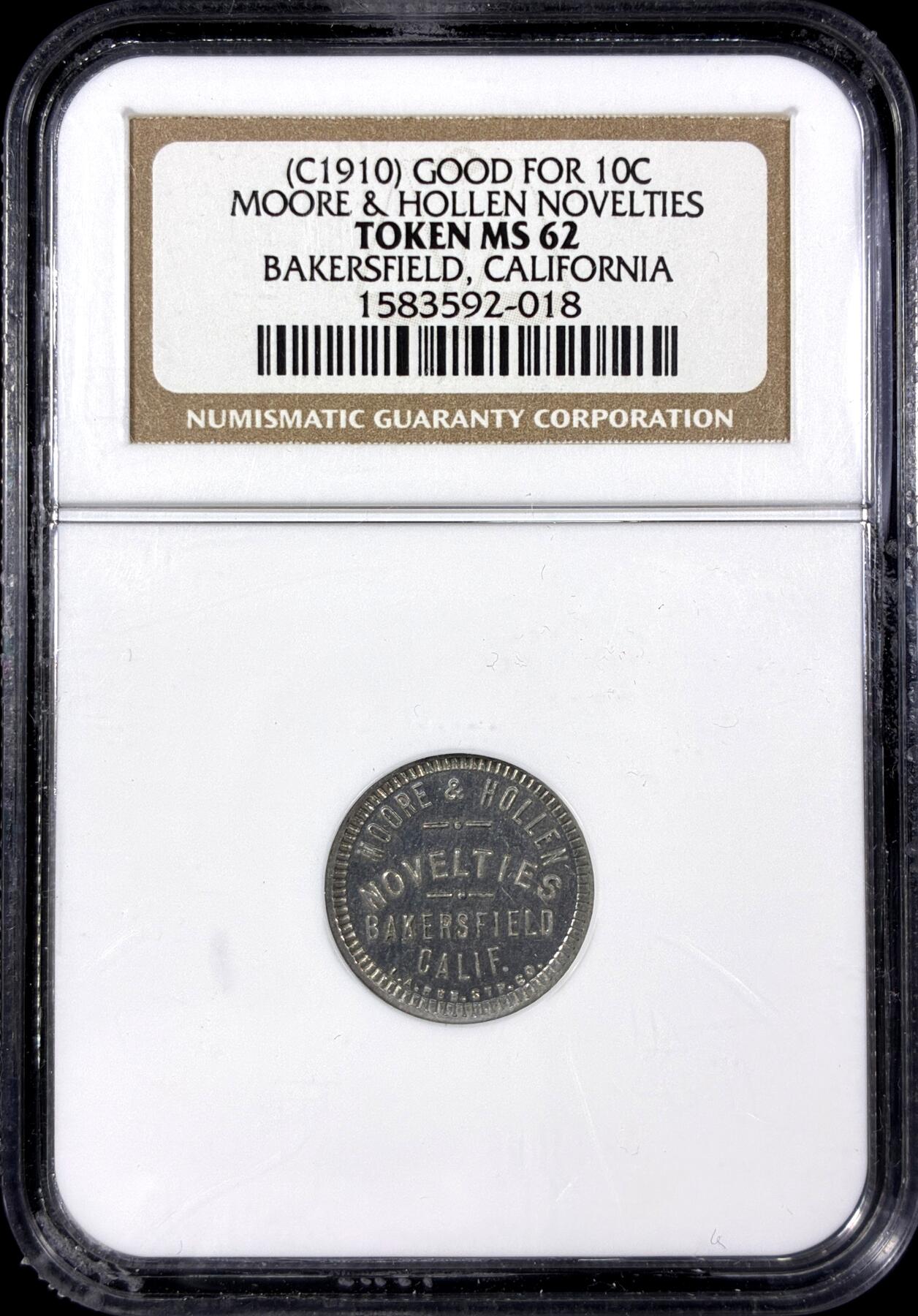 【雨安】【直播拍卖】【第0129期-评级币章】2026-03-21 周六 19:30 (金价1115, 银价20.09) [评级美洲] USA 美国 代用币 加利福尼亚州贝克斯菲尔德 1910年  NGC-MS62