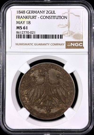 【雨安】【直播拍卖】【第0129期-评级币章】2026-03-21 周六 19:30 (金价1115, 银价20.09) - [评级德国] Germany 德国 德意志 2盾 Frankfurt法兰克福 Thun.134 KM#0337 (1848) 制宪会议 1848年  NGC-MS61