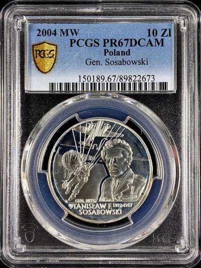 【雨安】【直播拍卖】【第0129期-评级币章】2026-03-21 周六 19:30 (金价1115, 银价20.09) - [评级现代] Poland 波兰 10兹罗提 2004年 军官索萨波夫斯基 PCGS-PR67DCAM 精制币