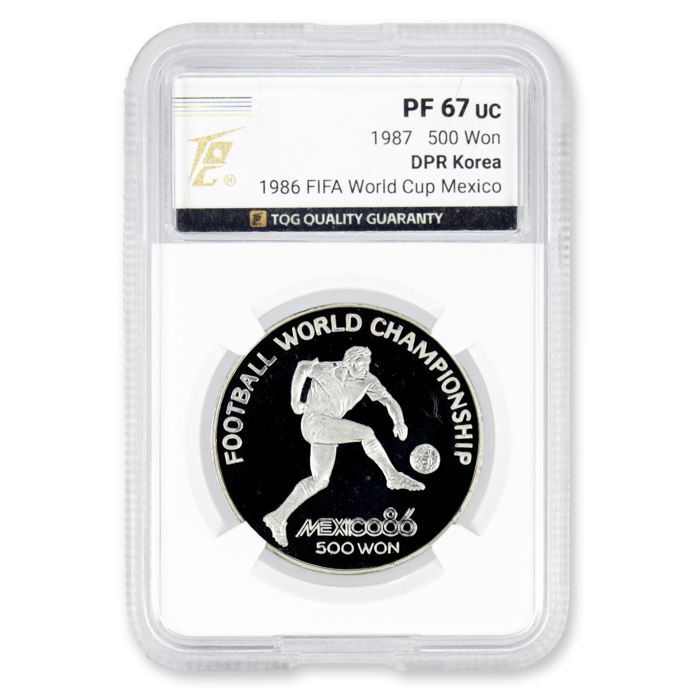 1987年朝鲜-86'墨西哥世界杯足球赛27g999纯银纪念币TQG评级PF6787年发行，中央造币厂造币