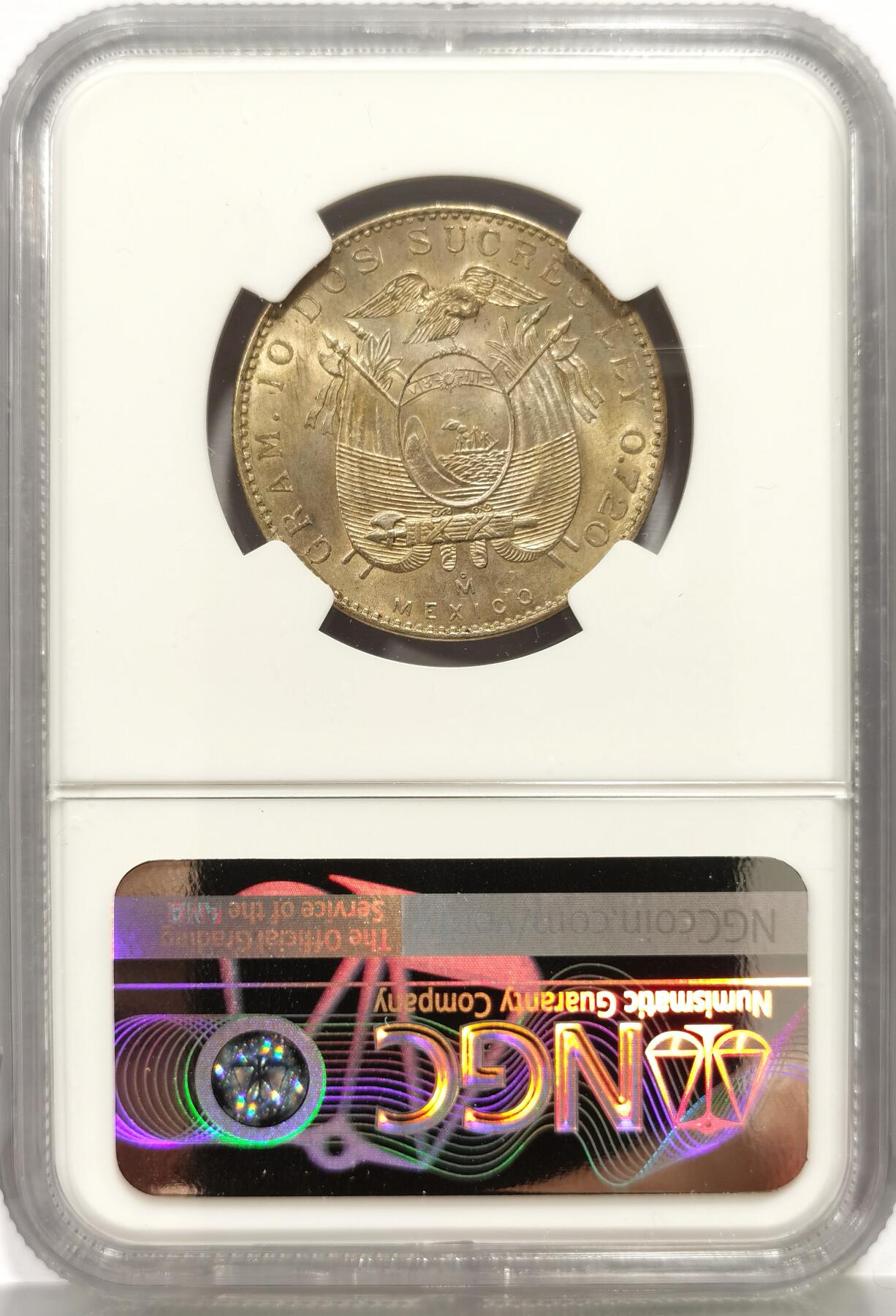 博洋堂世界钱币拍卖第165期（全场包邮） NGC MS63 厄瓜多尔1944年2苏克雷银币，淡金彩包浆，极美转光好品。