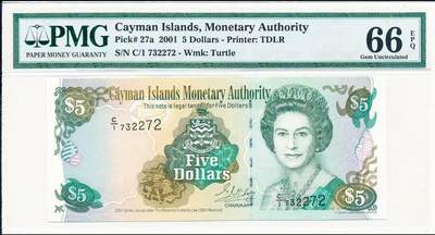 【礼羽收藏】🌏世界钱币拍卖129期 - 2001年开曼群岛5元，PMG66分，C1首发冠数三号码无4