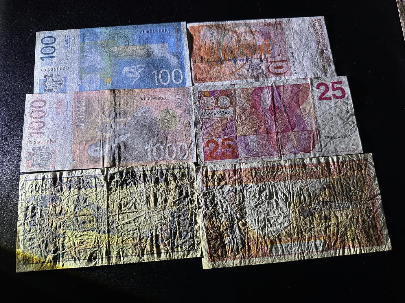 《外钞收藏家》第六百一十九期（精品场）（长期征集拍品、欢迎藏友们联系合作） 塞尔维亚100、1000、瑞士10法郎、荷兰人像25盾、法属太平洋500和1000法郎 六张一起  除了塞尔维亚100全新 其他非全新