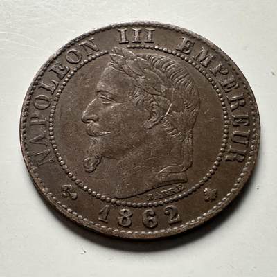 🌹外币初藏🌹🐯2026年第30场   每周二四六晚8️⃣点 接代拍 - 法国1862年拿破仑三世 1生丁 铜币 b