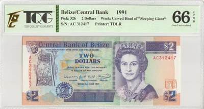 【礼羽收藏】🌏世界钱币拍卖129期 - 1991年伯利兹2元，TQG评级66分，早期年份长条版