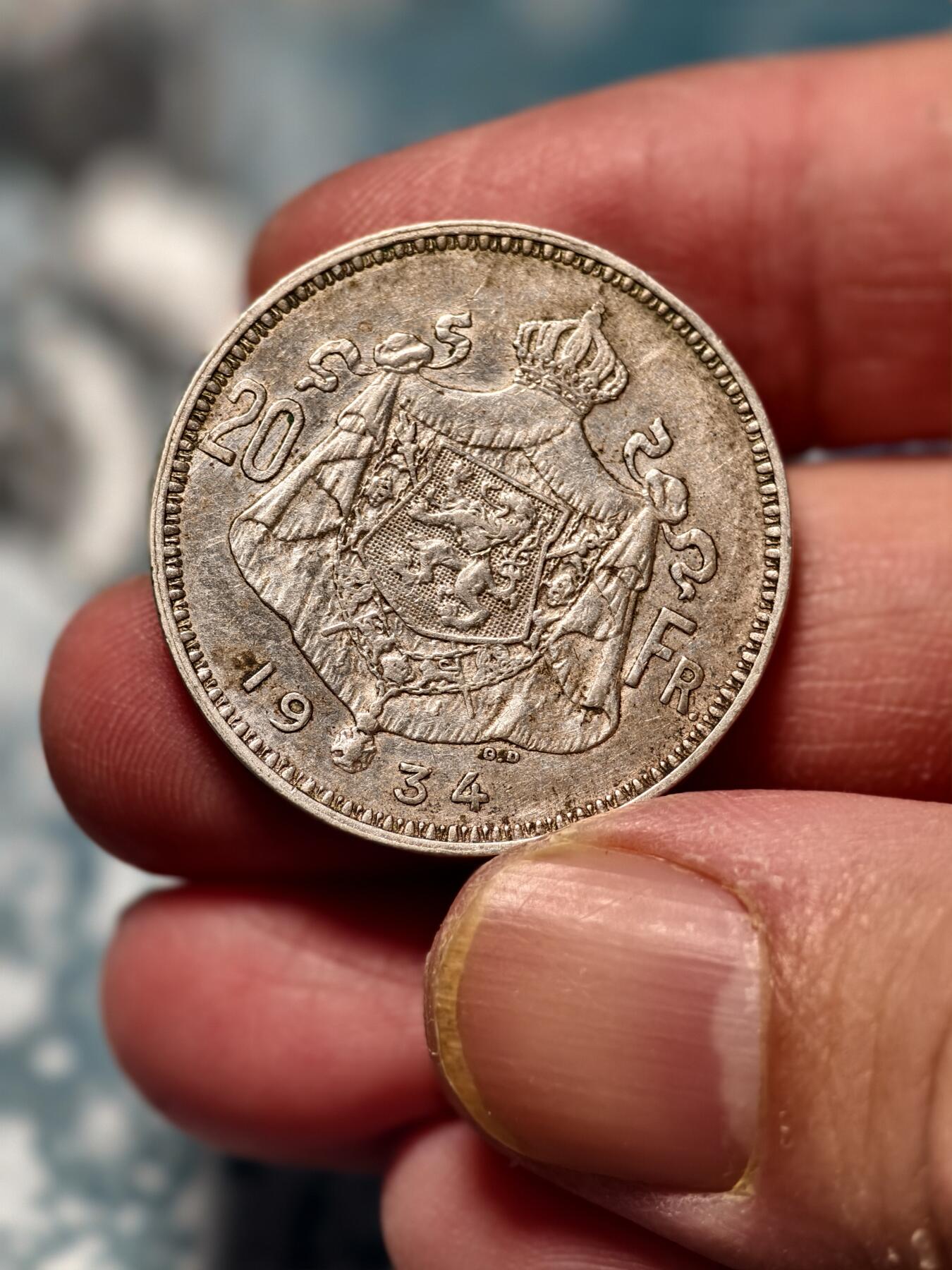 抚柳草堂-第十七期章牌钱币  奖章勋章限时免佣 满百包邮 放漏专场 1934比利时王国阿尔贝一世20法郎银币 重11g 美品带底光