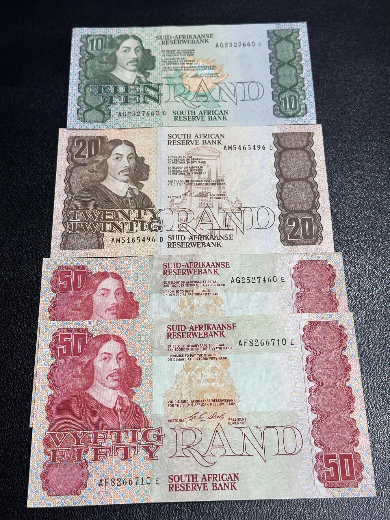 《外钞收藏家》第六百一十九期（精品场）（长期征集拍品、欢迎藏友们联系合作） 南非10、20、50兰特 四张一起 非全新 品相如图