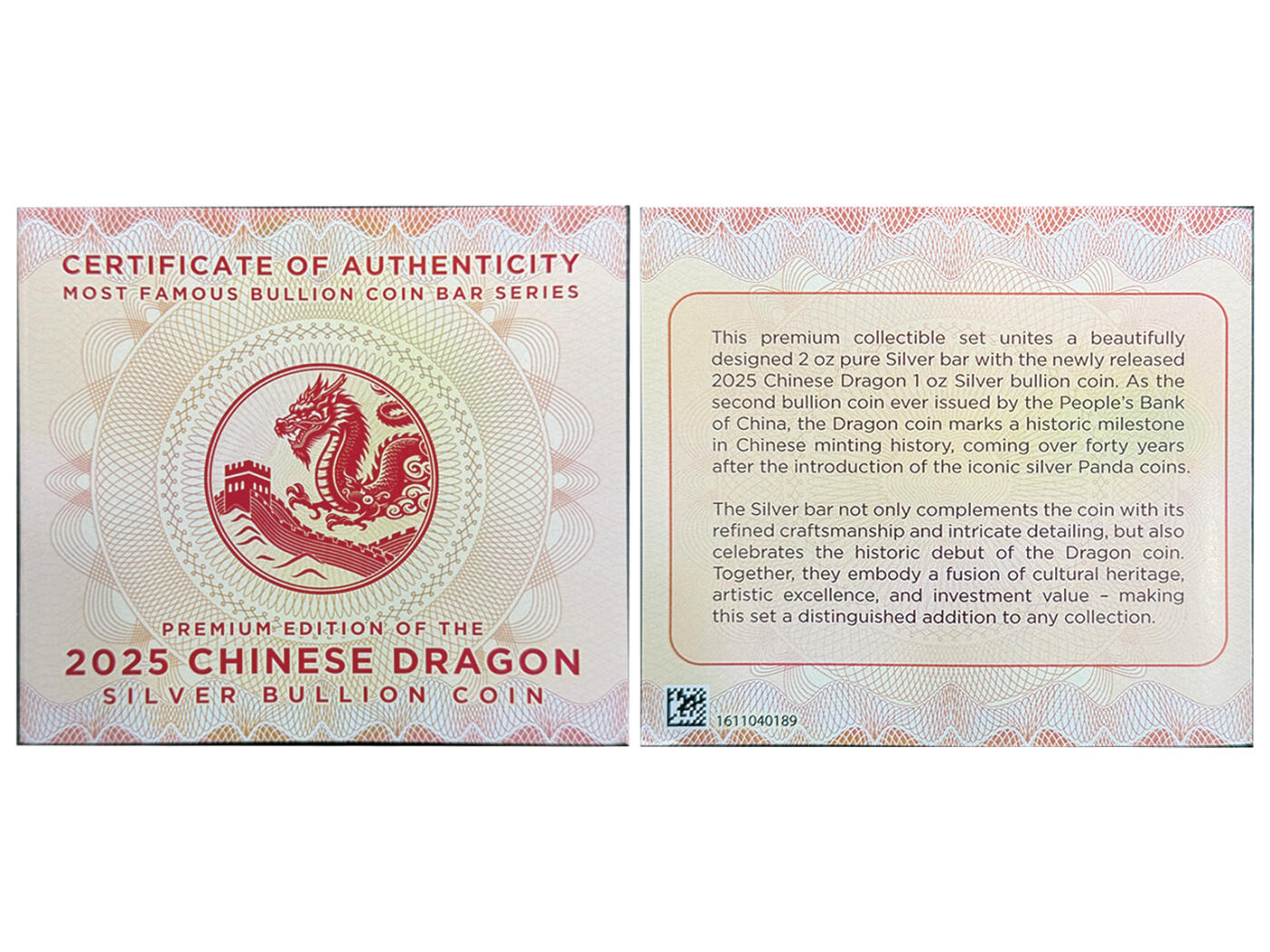 冠军-HICC 4月8日香港拍卖 2025年中国龙银质“条中币”彩色镀金典藏套装 #0888，含1盎司银质纪念币（直径38毫米）与2盎司银质纪念章（尺寸50*80毫米），成色均为.999，总纯银含量约93.3克；套装采用创新镶嵌工艺将银币与银章稳固结合，银章局部24K镀金，附带独立收藏编号，全球限量发行888套，附官方证书与专属包装盒。