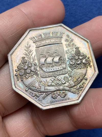 《竞宝斋》第472场 周日，周一，周二 3场连拍 （全场包邮）欢迎送拍 - 法国八角银质jeton，巴黎商会，代表财富的大丰饶角，20.00g，36.2mm，蜜蜂边铭