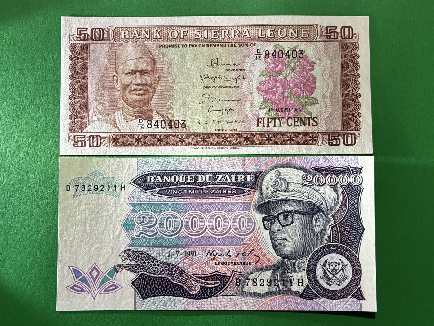 咖啡豆•收藏 2026年Mar_24th世界各国纸币拍卖 4枚 塞拉利昂/扎伊尔/阿曼 全新UNC 外国 中东/非洲纸币