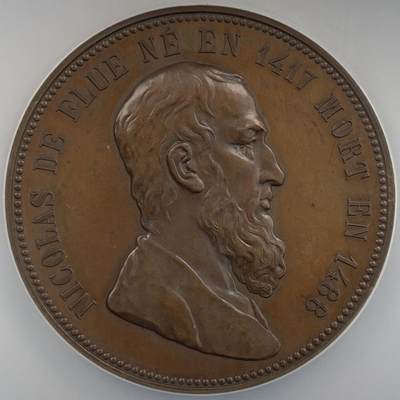 掌中浮雕-藏着的欧洲第055场 - NGC MS63 : 1881年瑞士弗莱堡和索洛图恩加入瑞士联邦400周年纪念铜章，47mm 