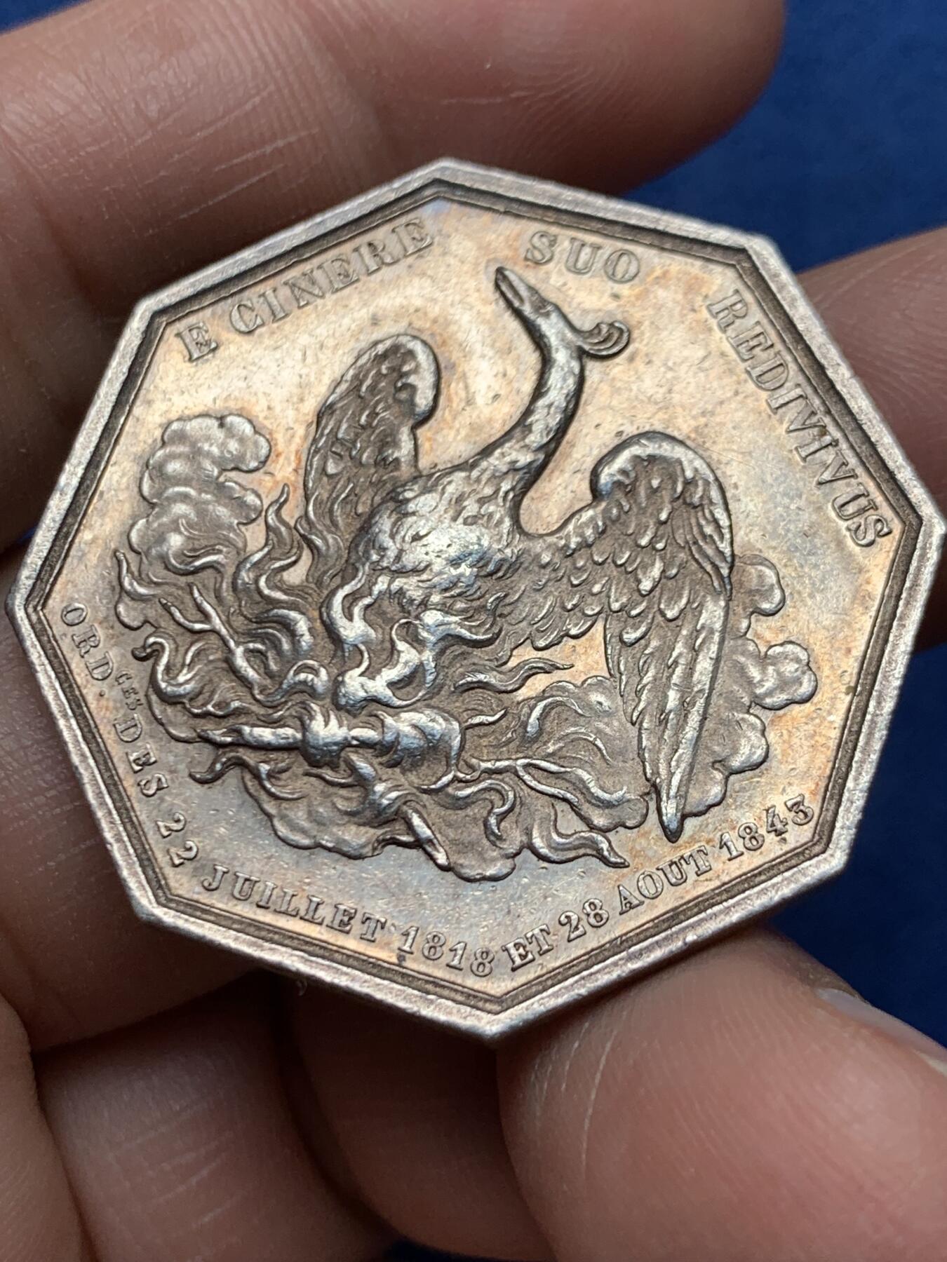 《竞宝斋》第472场 周日，周一，周二 3场连拍 （全场包邮）欢迎送拍 法国八角银质代币，凤凰火灾保险公司，22.67g，36.2mm，蜜蜂边铭