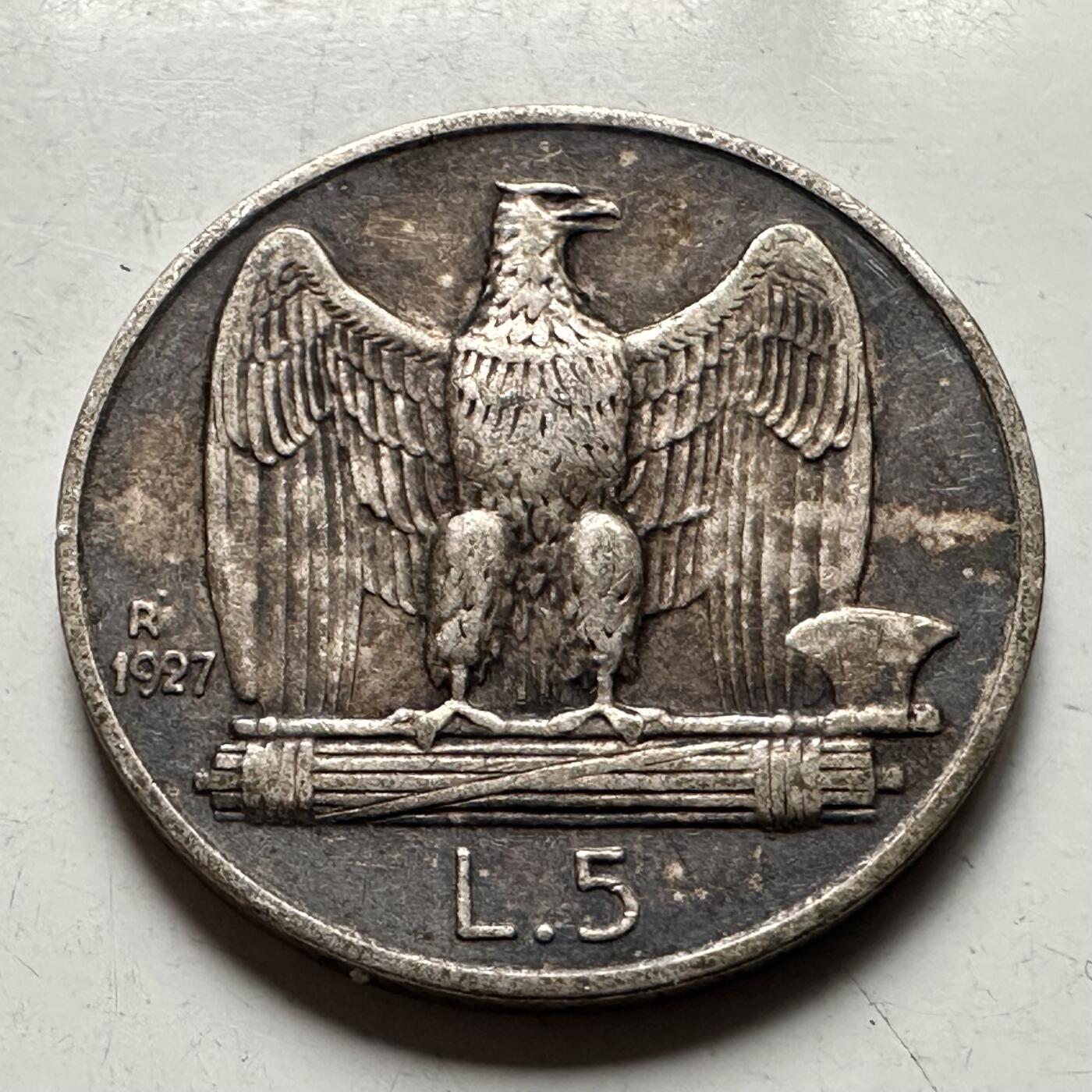 🌹外币初藏🌹🐯2026年第30场   每周二四六晚8️⃣点 接代拍 意大利1927年 维托里奥·埃马努埃莱三世 5里拉 银币 83.5%银 5克 23毫米