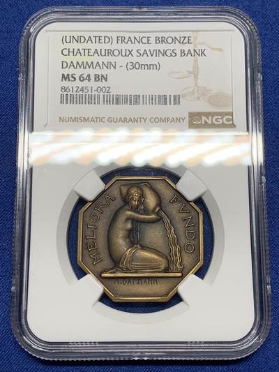 《竞宝斋》第472场 周日，周一，周二 3场连拍 （全场包邮）欢迎送拍 - NGC MS64BN 高分 法国储蓄银行八角铜质代币，少见款。法国名家 Marcel Dammann设计雕刻，采用了新古典主义风格，细节唯美。