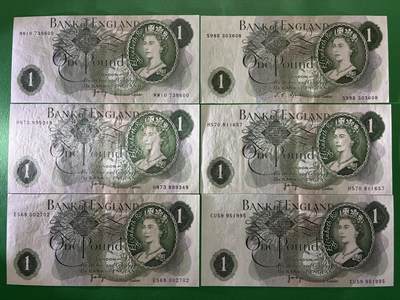 咖啡豆•收藏 2026年Mar_24th世界各国纸币拍卖 - 6枚 英国 1英镑 美品XF-AU 外国 欧洲纸币