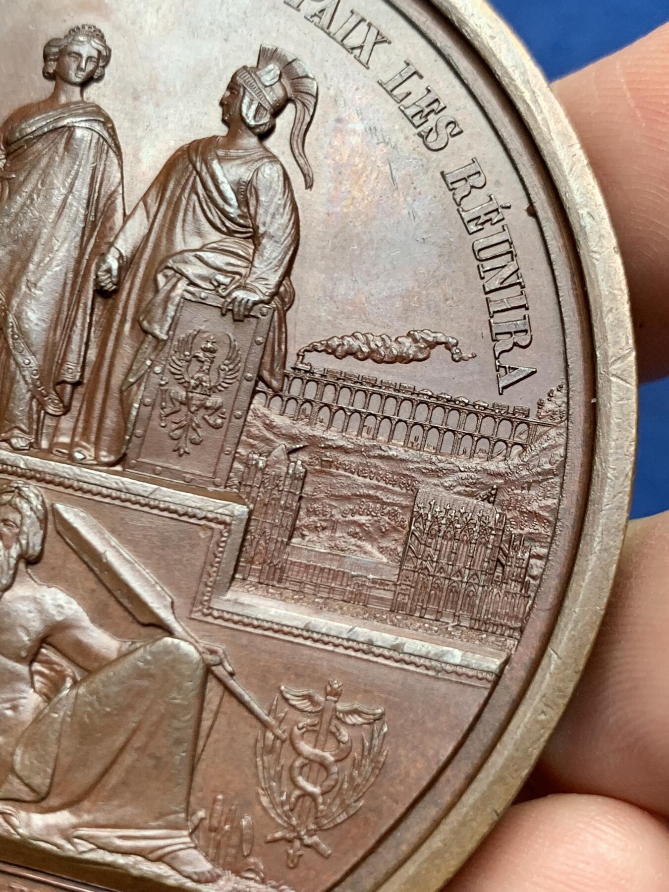 《竞宝斋》第472场 周日，周一，周二 3场连拍 （全场包邮）欢迎送拍 比利时1843年利奥波德一世头像亚琛至韦尔维耶铁路开通纪念铜章，超高浮雕，236.5g，72mm