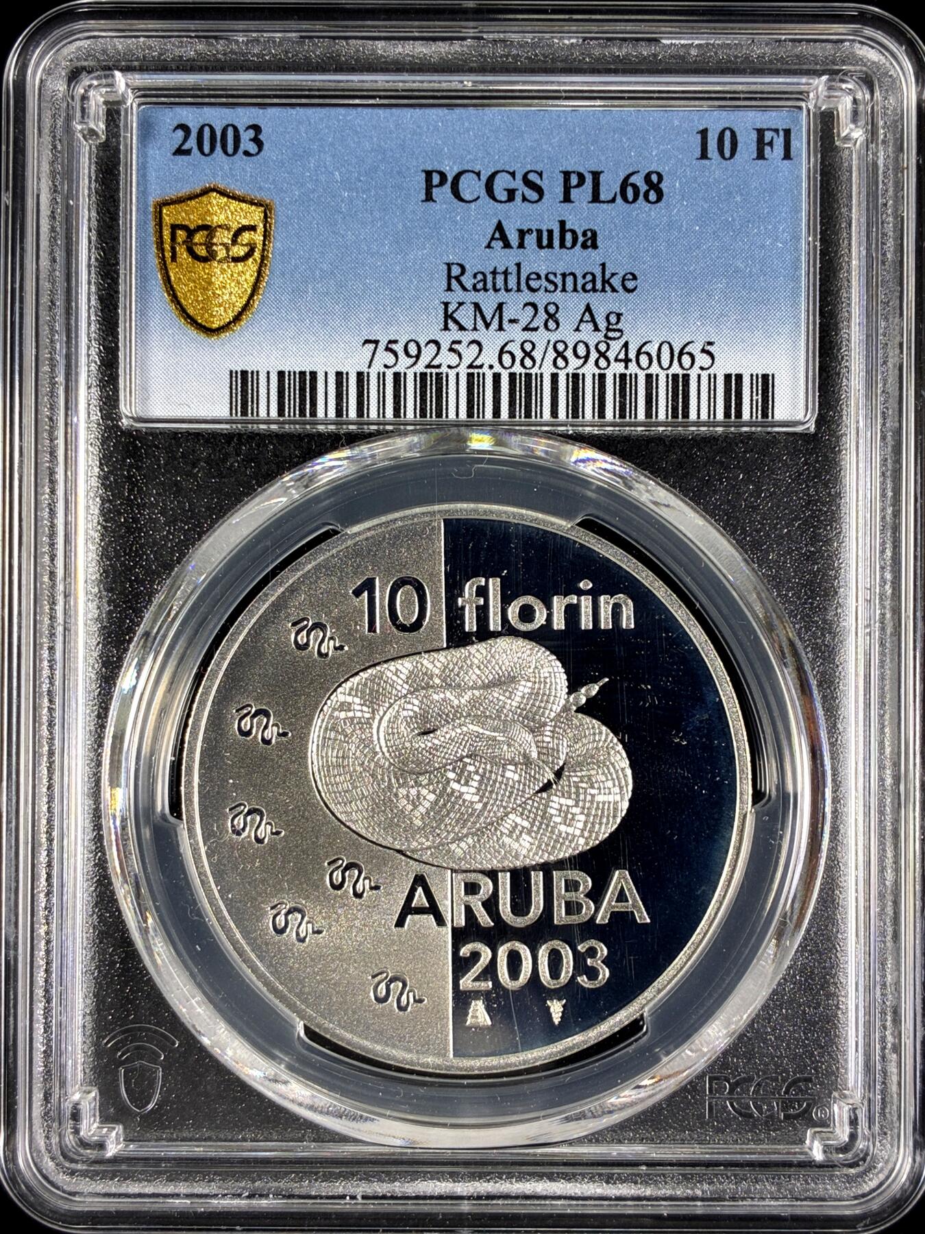 【雨安】【直播拍卖】【第0129期-评级币章】2026-03-21 周六 19:30 (金价1115, 银价20.09) [评级现代] Aruba 阿鲁巴 10弗洛林 2003年 响尾蛇 PCGS-PL68