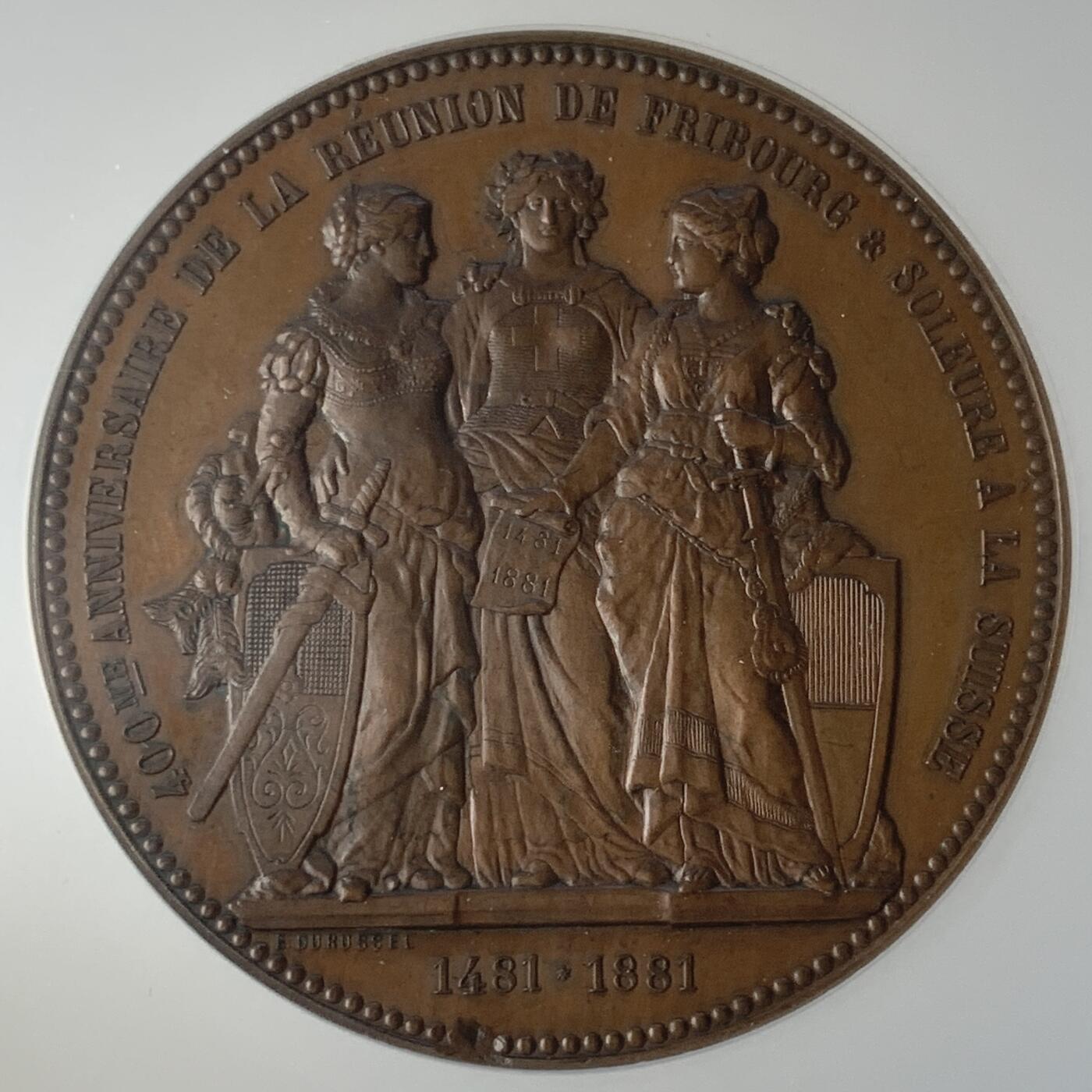 掌中浮雕-藏着的欧洲第055场 NGC MS63 : 1881年瑞士弗莱堡和索洛图恩加入瑞士联邦400周年纪念铜章，47mm 