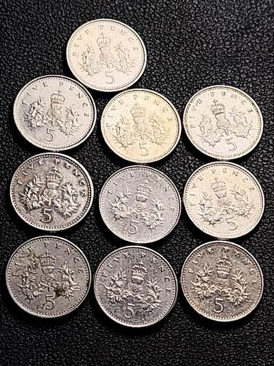 泉币菌-第212场-拍品多 请提前出价（工作最近较忙 发货不及时，望理解） - 高币值 10枚一组 英国5便士镍币 皇冠蓟草 小版