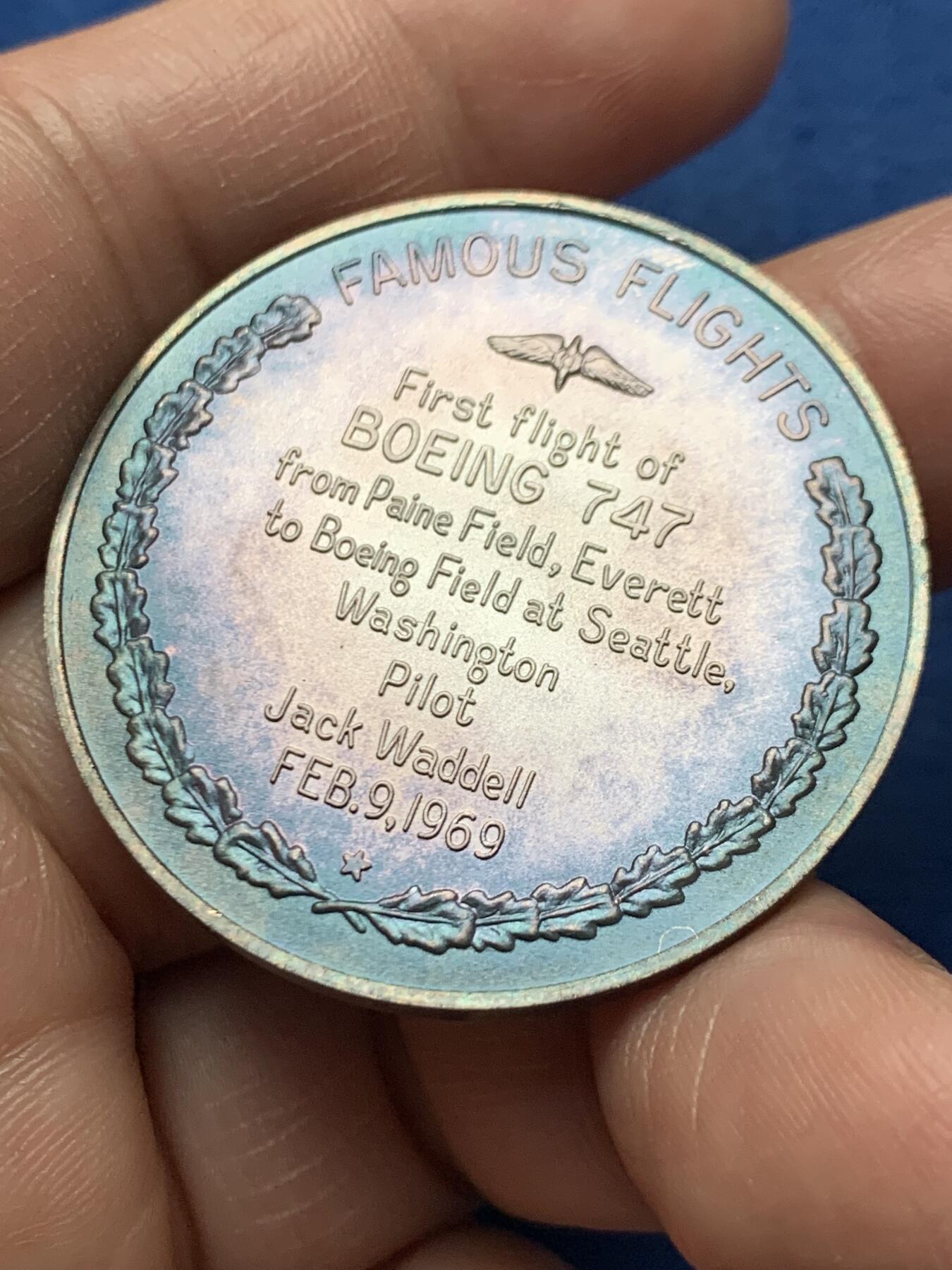 《竞宝斋》第472场 周日，周一，周二 3场连拍 （全场包邮）欢迎送拍 1969年波音747首次飞行纪念银章，999银，直径：38.6mm，重：24.3g