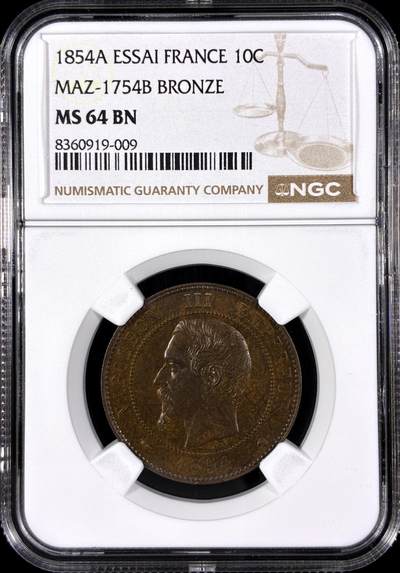 【雨安】【直播拍卖】【第0129期-评级币章】2026-03-21 周六 19:30 (金价1115, 银价20.09) - [评级法国] France 法国 样币 Maz-1754b 10分 1854年 拿破仑三世  NGC-MS64