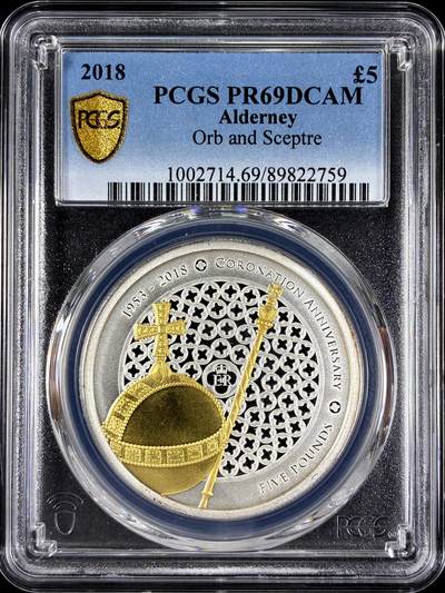 【雨安】【直播拍卖】【第0129期-评级币章】2026-03-21 周六 19:30 (金价1115, 银价20.09) - [评级现代] Alderney 奥尔德尼 5镑 2018年 英国王权之物宝球和权杖 PCGS-PR69DCAM 精制币