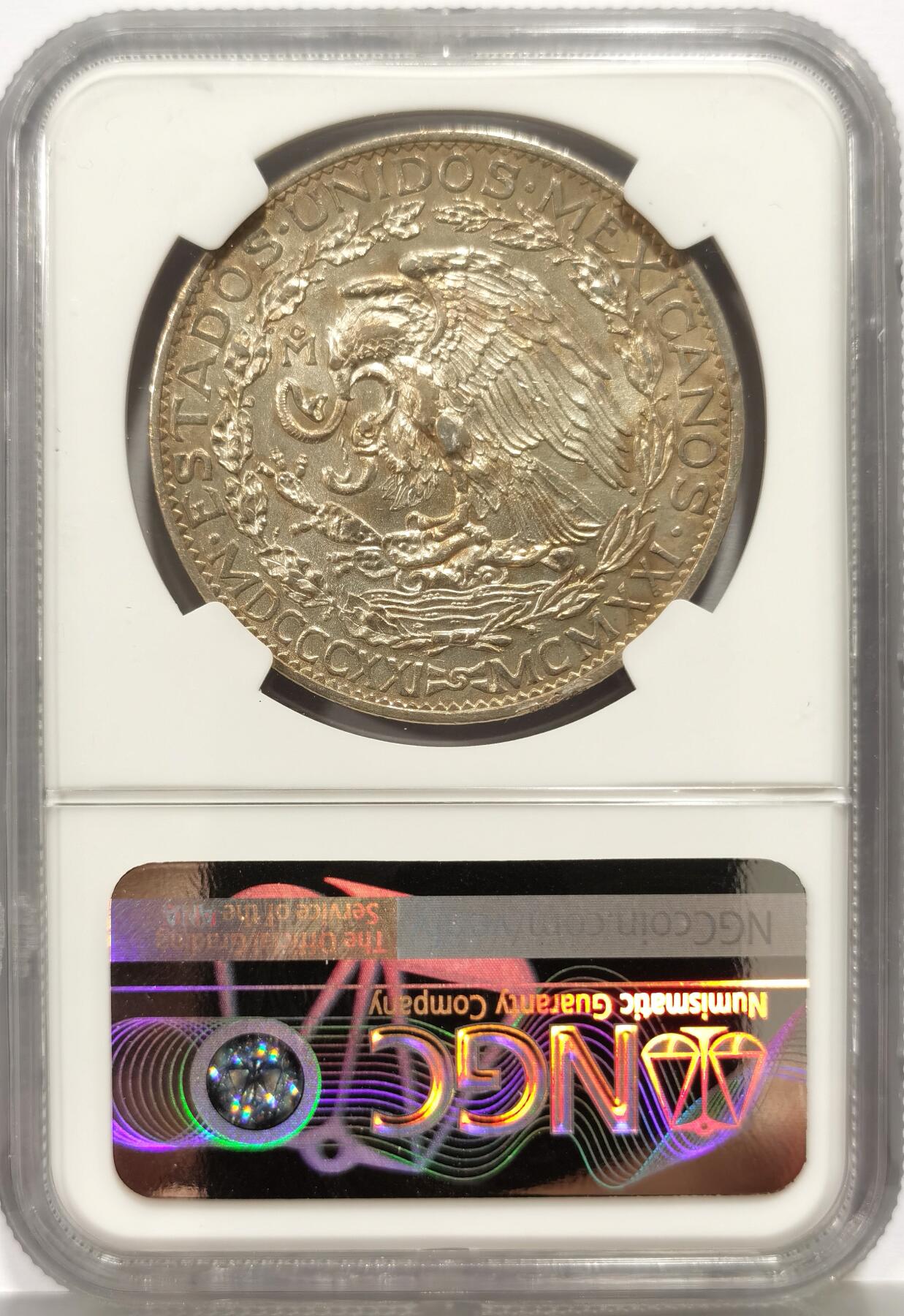 博洋堂世界钱币拍卖第165期（全场包邮） NGC AU 墨西哥1921年飞天女神独立百年纪念2比索大银币，带光好品，带淡彩，磨损很小，未见明显清洗痕迹，状态很好的一枚。