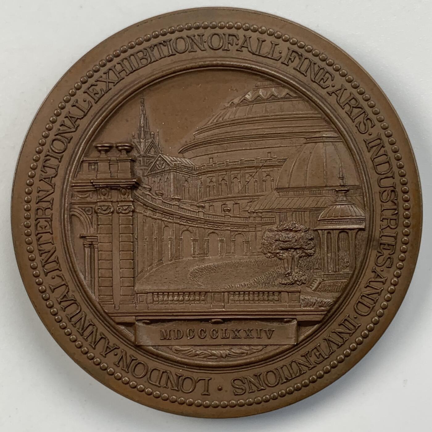 掌中浮雕-藏着的欧洲第055场 1874年伦敦世界博览会铜章，52mm，J. E. Boehm and G. T. Morgan雕刻，边缘刻有“JOHN PENN F.R.S. FOR SERVICES，原盒