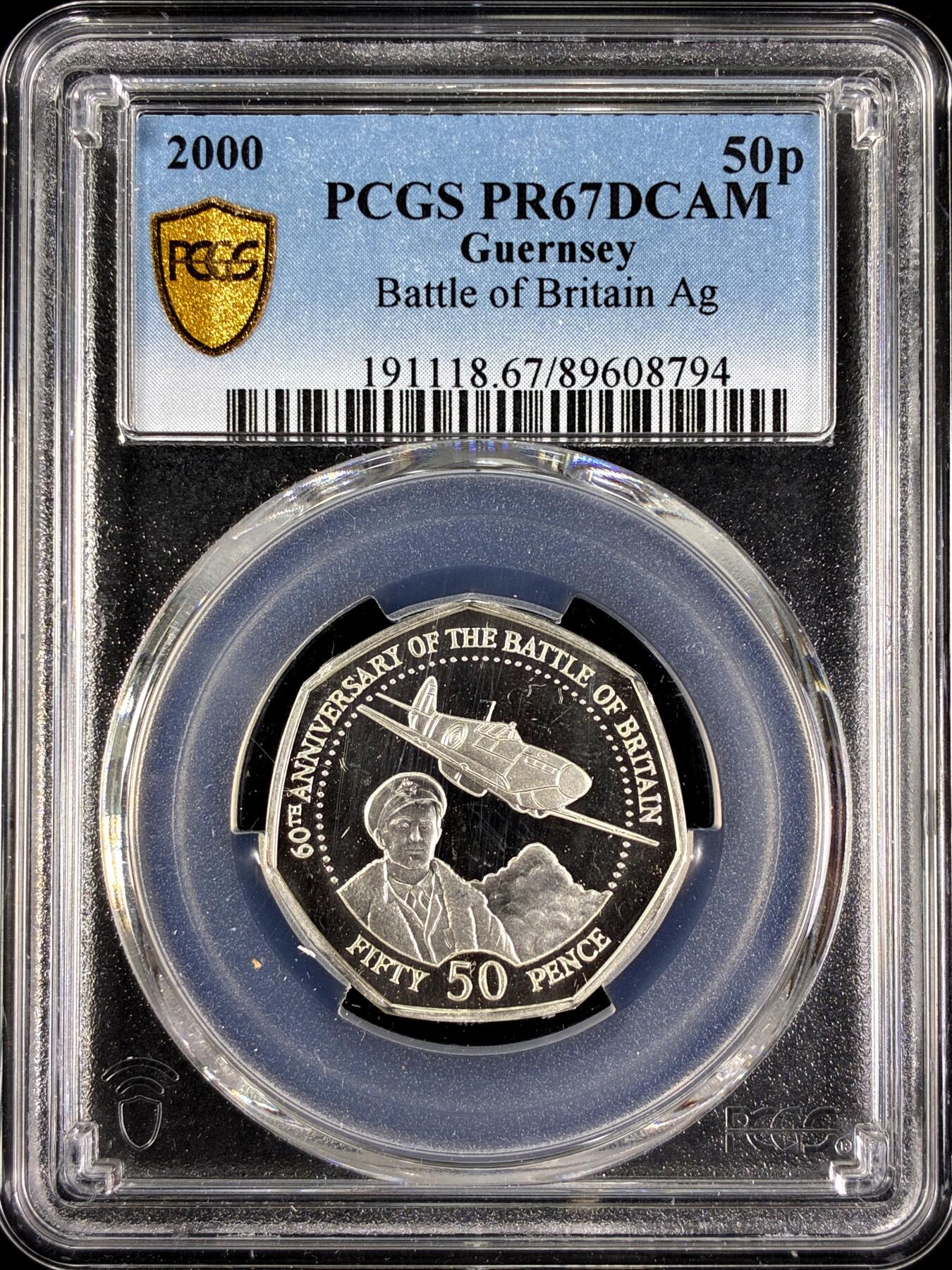 【雨安】【直播拍卖】【第0129期-评级币章】2026-03-21 周六 19:30 (金价1115, 银价20.09) [评级现代] Guernsey 根西 50便士 2000年 不列颠之战 PCGS-PR67DCAM 精制币